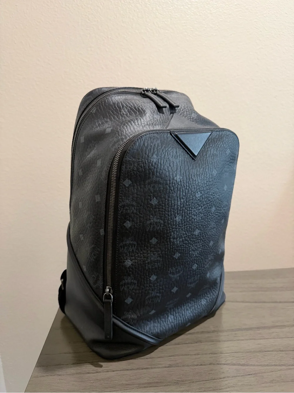 MCM Black Monogram Textured Leather Backpack